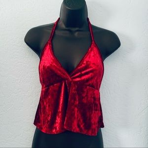 don’t ask why red crushed velvet halter top Sz. OS